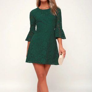 Lulus Favorite Flair Forest Green Lace Flounce Sleeve Dress Small